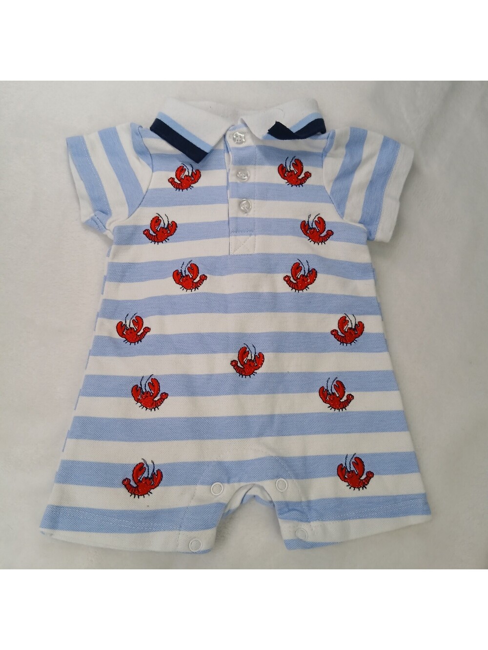 Laura Ashley Baby Boy Romper 0-3 Month Blue White Striped Polo Lobster One Piece